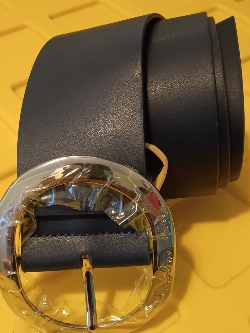 Women's Black Leather Belt with Gold-Tone Round Buckle size 38